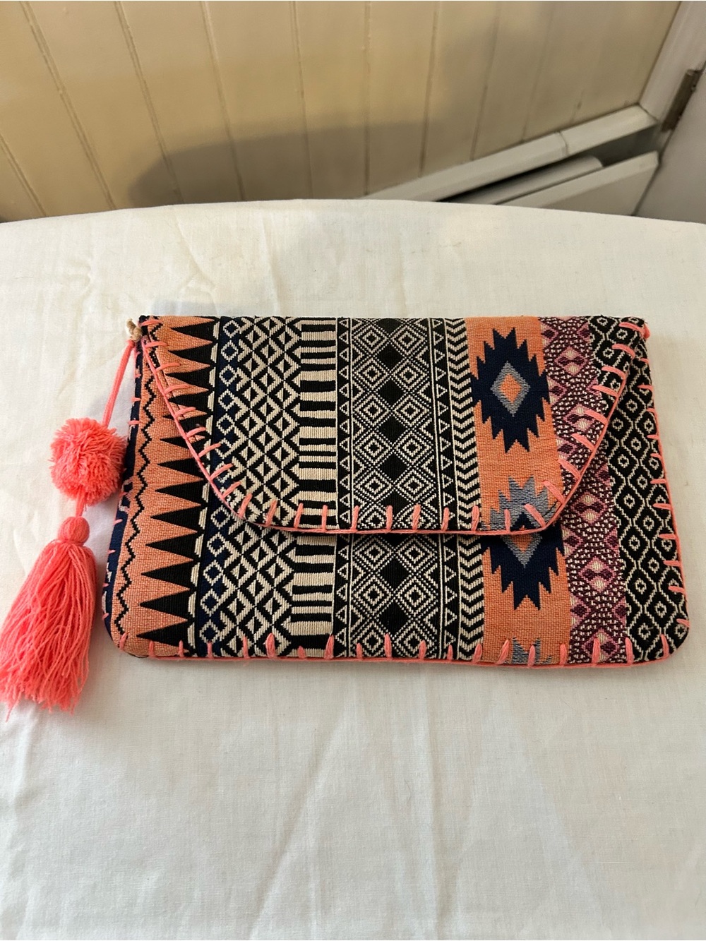 Coral & Black Aztec Geometric Cotton Pom Pom Tassel Clutch Bag EUC